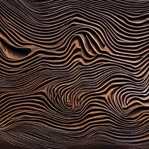 Image similar to a very intricate wood sculpture in the shape and texture of waves, fractal patterns, deep and expressive grain patterns, volumetric lighting, light rays, photorealistic, ultrarealistic, coronarender, 8k