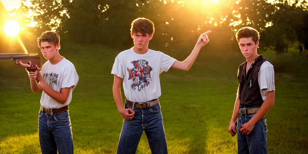 Image similar to the sunset's light beams through a window, tommy 1 8 years old, shoots revolvers with his older brother rickey who is a tough 2 6 year old male, action pose, outside in a farm, medium close up shot, depth of field, sharp focus, waist up, movie scene, anamorphic, costume art direction style from the movie the outsiders