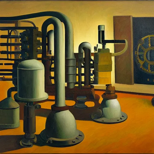 Prompt: engine room, turbines, plasma globes, robot repairmen, reactor core, grant wood, pj crook, edward hopper, oil on canvas