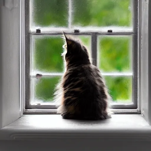 Prompt: medium - shot view from the back of a backlit maine coon kitten gazing out a window at flowers on a sunny day. 3 5 mm, f / 1 1. 0, iso 2 0 0, hdr