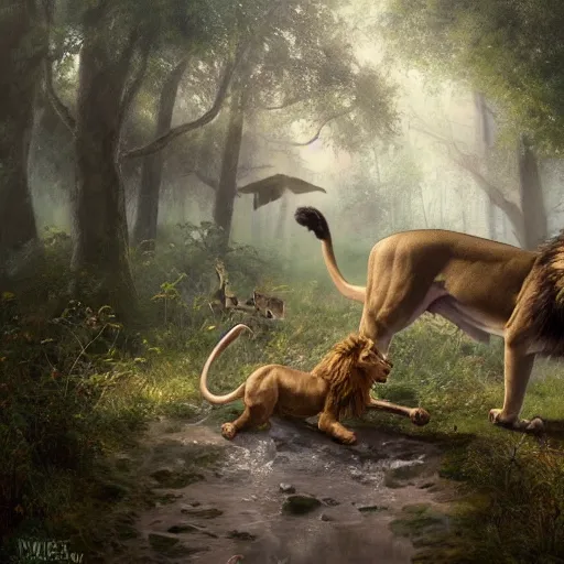 Prompt: an oil painting of lion chasing a deer in the forest, masterpiece, highly detailed, high quality, 4 k, anatomically correct, hyperrealistic, concept art, octane render, unreal engine 5, trending on artstation, trending on deviantart, matte, historical painting, fantasy style, path traced, high coherence, soft lighting, digital painting, mythical