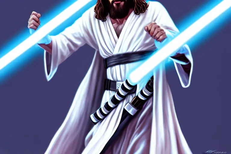 Image similar to jesus christ in a white robe fighting demons with, a lightsaber ; art by artgerm ; digital art ; character art ; star wars