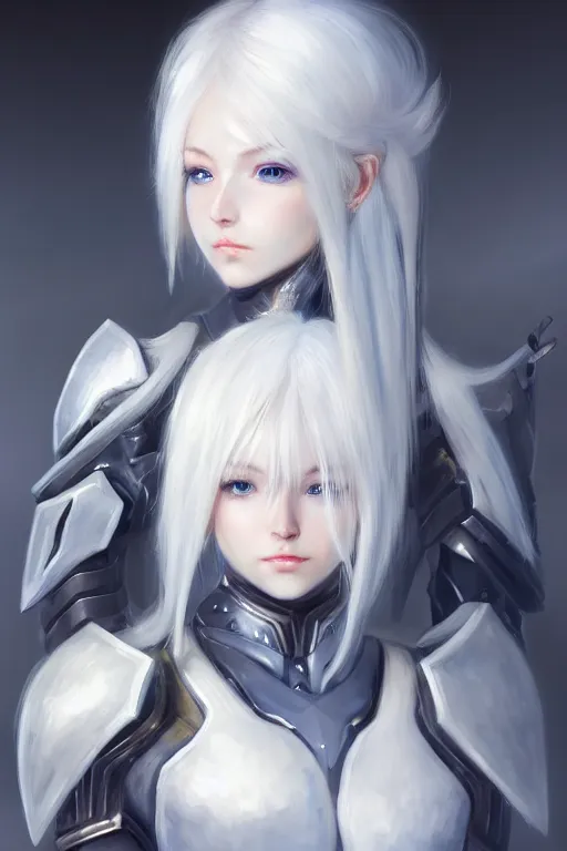 Image similar to perfect white haired girl, warframe armor, beautiful, dreamy, portrait, highly detailed, digital painting, trending on artstation, concept art, sharp focus, illustration, pretty face, blue eyes, sci - fi platform, front lit, laboratory, experiment, masterpiece, art by masayoshi tanaka, akihiko yoshida, kazuya takahashi