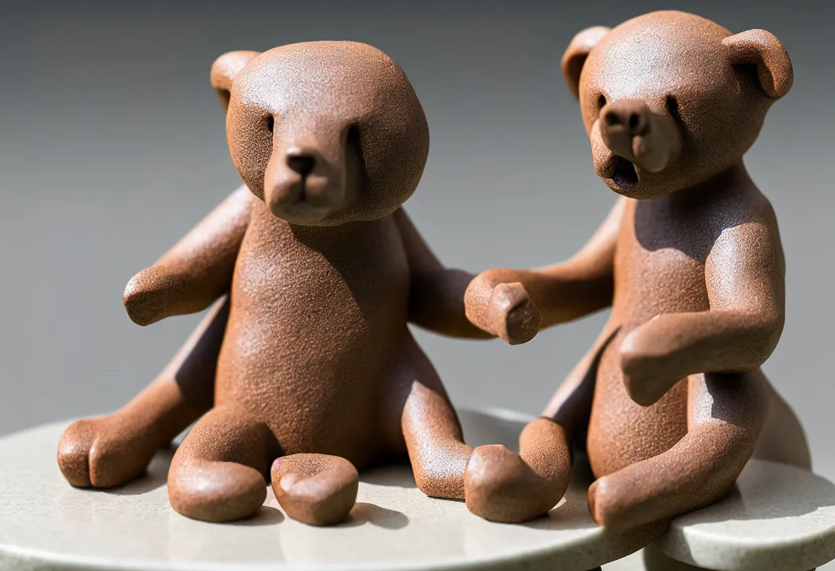 Prompt: clay bear figurine stylized on a marble table, hyper realism, low depth of field