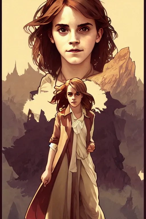 Image similar to Poster artwork, Emma Watson as Hermione Granger, medium shot, details, sharp focus, illustration, by Jordan Grimmer and Alphonse Mucha and greg rutkowski and PiNe(パイネ) and 薯子Imoko and 香川悠作 and maya takamura, intricate, beautiful, Trending artstation, pixiv, digital Art