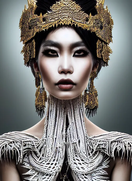 Image similar to a fierce looking beautiful young thai woman with symmetrical white makeup, wearing an intricate headdress made from bones and leather, wearing large earrings made from white bones, hyperdetailed illustration by irakli nadar and alexandre ferra, intricate linework, in the style of a national geographic portrait, unreal engine 5 highly rendered, global illumination, radiant light, detailed and intricate environment