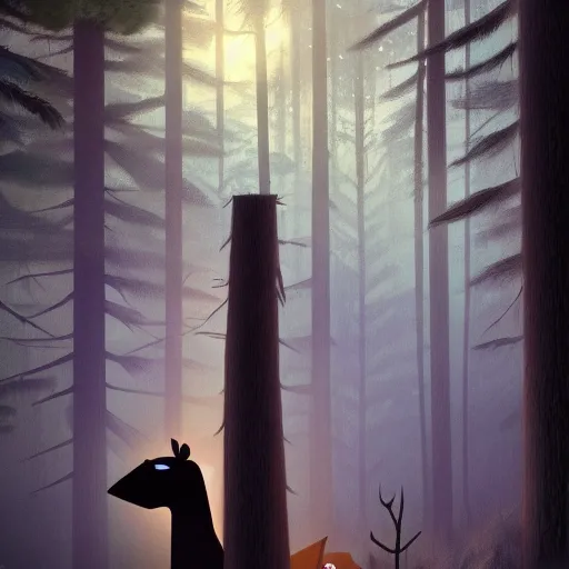 Image similar to medium shot native american with animal companion, in a dark forest, mysterious, backlit, still from a pixar dreamworks movie, trending on artstation