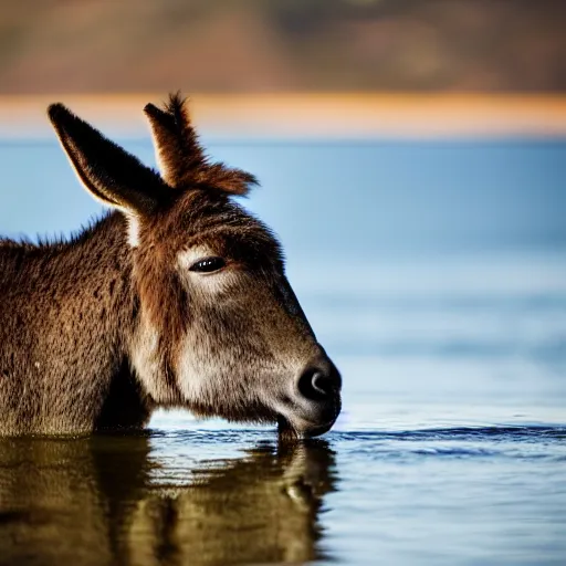 Image similar to close up photo of a donkey, drinking water from a lake in tasmania, bokeh, 4 0 0 mm lens, 4 k award winning nature photography