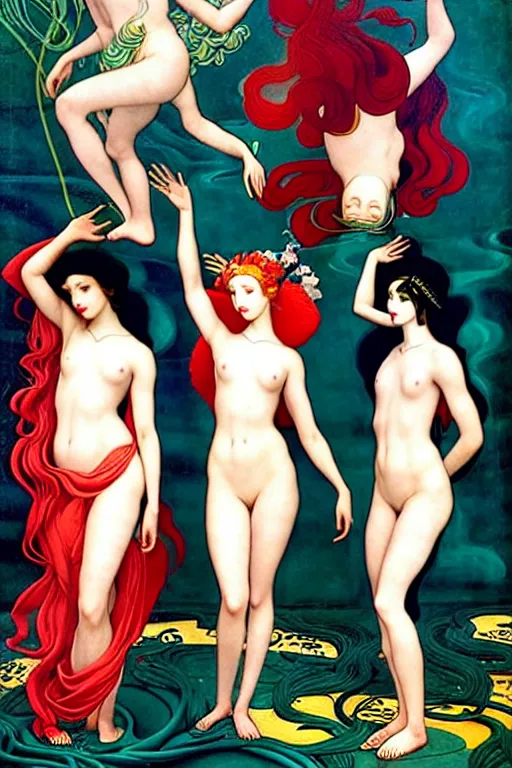 Image similar to 3 Summer Deities, (representing the 3 months June, July, and August), in a style blending Æon Flux, Peter Chung, Shepard Fairey, Botticelli, Ivan Bolivian, and John Singer Sargent, inspired by pre-raphaelite paintings, shoujo manga, and cool Japanese street fashion, dramatically lush flora and fauna, warm vivid high contrast color scheme, hyper detailed, super fine inking lines, ethereal and otherworldly, 4K extremely photorealistic, Arnold render