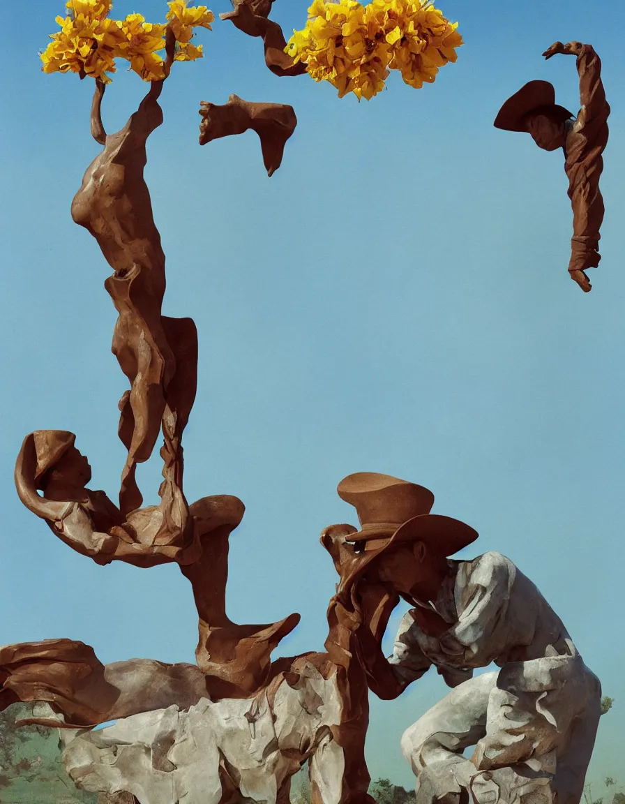 Prompt: a cowboy turning into blooms by slim aarons, by zhang kechun, by lynda benglis. tropical sea slugs, angular sharp tractor tires. bold complementary colors. warm soft volumetric light. national geographic. 8 k, rendered in octane, smooth gradients. a manly cowboy by edward hopper and frank frazetta. sculpture by antonio canova.