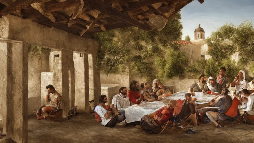 Prompt: soccer players seating in the scene of the last supper, under the porch of a typical portuguese house, with typical alentejo landscape in the back, sunny morning, matte painting, oil canvas, photorealistic illustration, extreme detail, hyper realistic, highly detailed, digital art