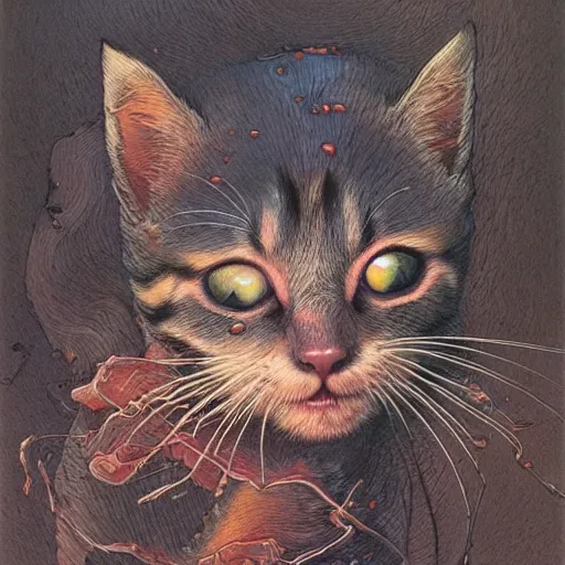 Prompt: a cute kitten, fluid, smooth, organic, crazy, bright, colours, high contrast, sharpness, dramatic, very detailed, intricate, by giger and corben and moebius and beksinski and bosch and bacon