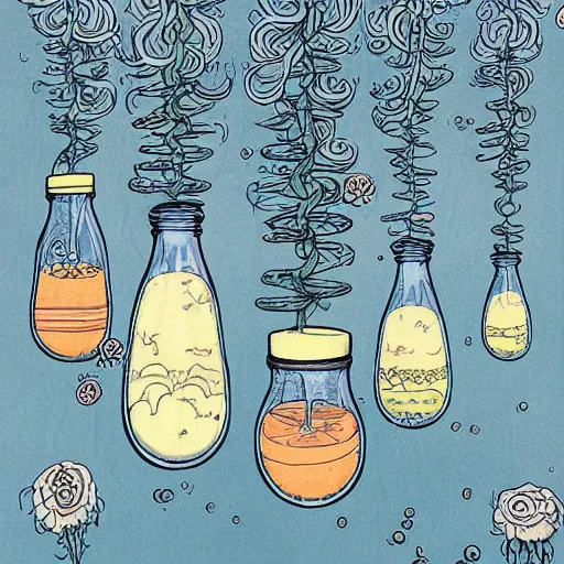 Prompt: jars dangling from a cloud, symphony of happiness, illustration by james jean, influenced by art nouveau