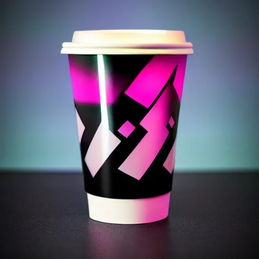 Image similar to synthwave coffee cup, dark studio lighting