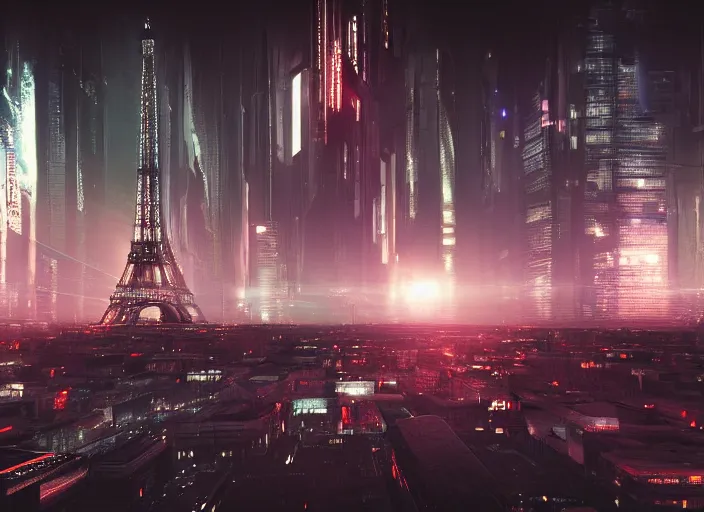 Prompt: cyberpunk scifi scene of paris at night, scifi drone, artstation, matt painting, very detailed, maximalism, ambient occlusion, volumetric light, atmospheric haze, unreal engine, hyper realism, realistic shading, cinematic composition, realistic render, octane render, detailed textures, photorealistic, wide shot