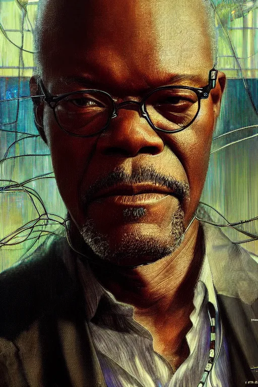 Image similar to hyperrealist portrait of samuel l jackson, it is decorated with wires and monitors in the miami beach background. by jeremy mann and alphonse mucha, fantasy art, photo realistic, dynamic lighting, artstation, poster, volumetric lighting, very detailed faces, 4 k, award winning