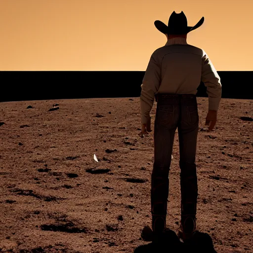 Prompt: cowboy standing on the moon looking up at earth, octane render, blender render, unreal engine, 3 5 mm