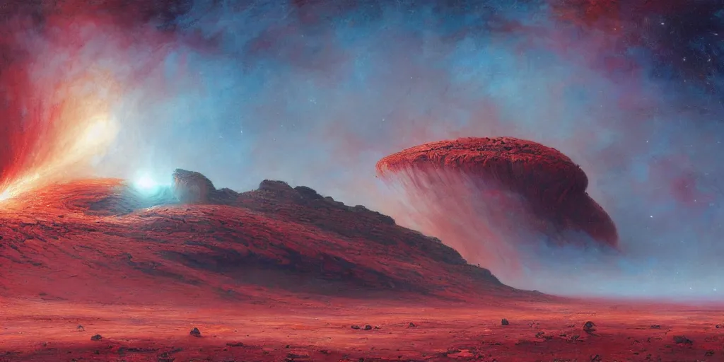 Image similar to supernova, alien surface planet, red desert mars, painted by ruan jia, raymond swanland, lawrence alma tadema, zdzislaw beksinski, norman rockwell, jack kirby, tom lovell, alex malveda, greg staples