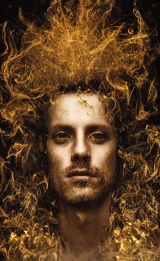 Image similar to 'Portrait of King Arthur' by István Sándorfi and Lee Jeffries royally decorated, whirling smoke, embers, gold encrustations , gilt silk torn fabric, radiant colors, fantasy, perfect lighting, studio lit, micro details,