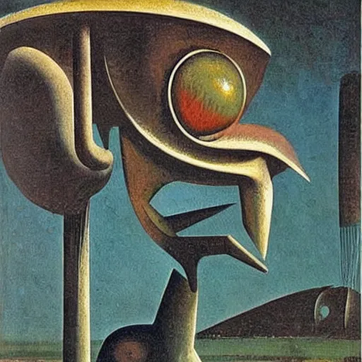 Image similar to An oil painting of a strange alien creature by Max Ernst and Giorgio de Chirico