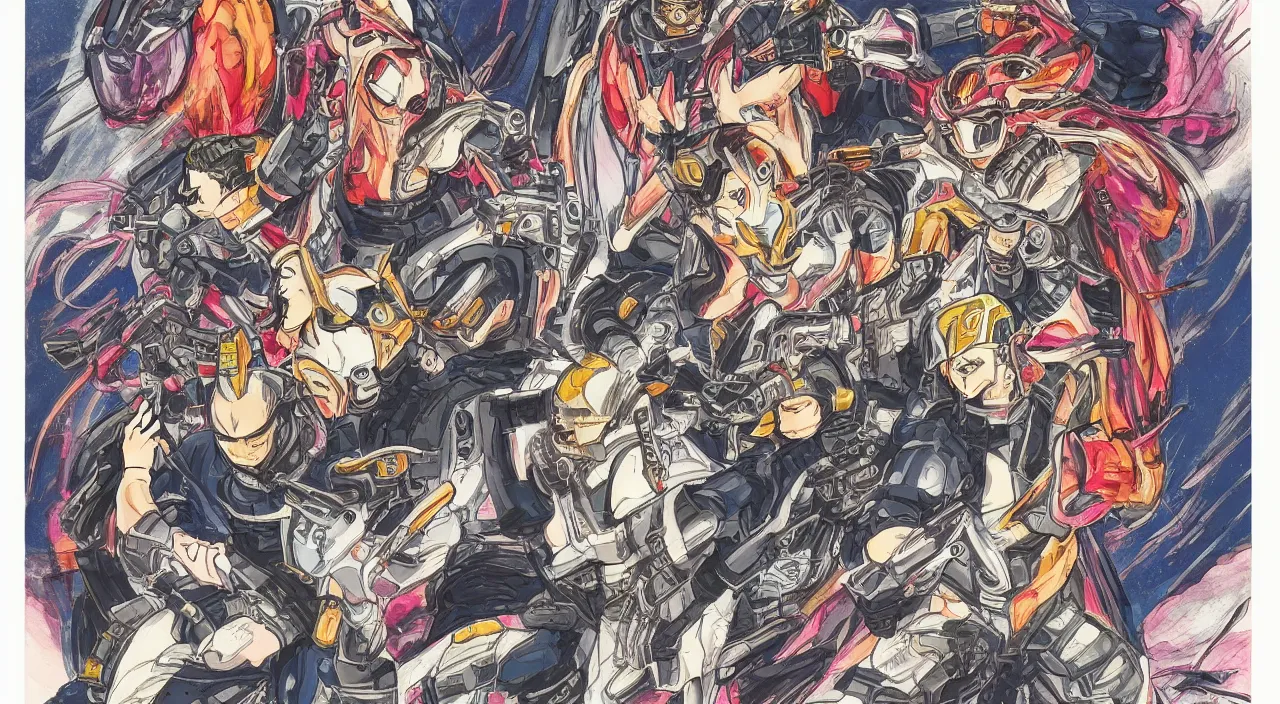 Image similar to Cyber-Samurai, highly detailed illustration richly colored ink, in style of Tomino-Sama