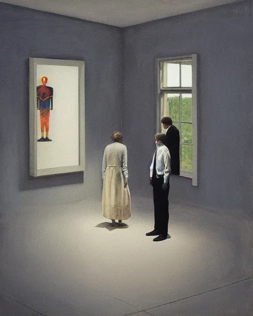 Image similar to man and woman, in the void, by the mirror, station, james gillard, zdislav bexinski, high detail alex colville, otto mueller, jean - michel basquiat, stephen conroy, andrea couch, andrew newell wyeth, daniel meidman yussi picho octane rendering
