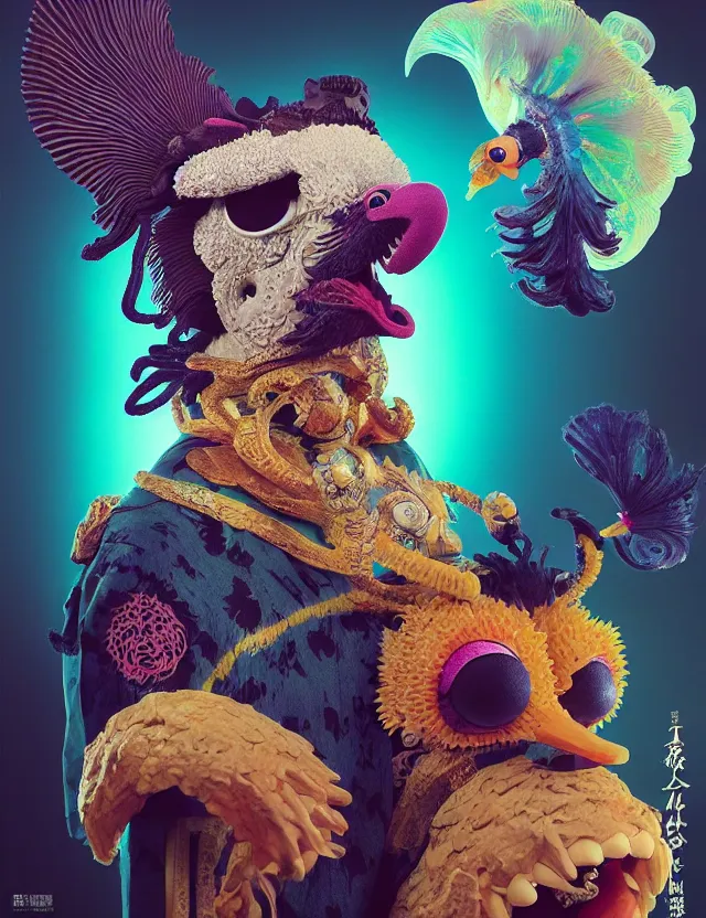 Image similar to 3 d muppet portrait with ram skull. beautiful intricately detailed japanese crow kitsune mask and clasical japanese kimono. betta fish, jellyfish phoenix, bio luminescent, plasma, ice, water, wind, creature, artwork by tooth wu and wlop and beeple and greg rutkowski