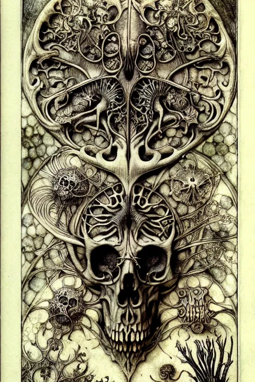 Image similar to memento mori by arthur rackham, art forms of nature by ernst haeckel, exquisitely detailed, art nouveau, gothic, ornately carved beautiful skull dominant, intricately carved antique bone, art nouveau botanicals, ornamental bone carvings, art forms of nature by ernst haeckel, horizontal symmetry, arthur rackham, ernst haeckel