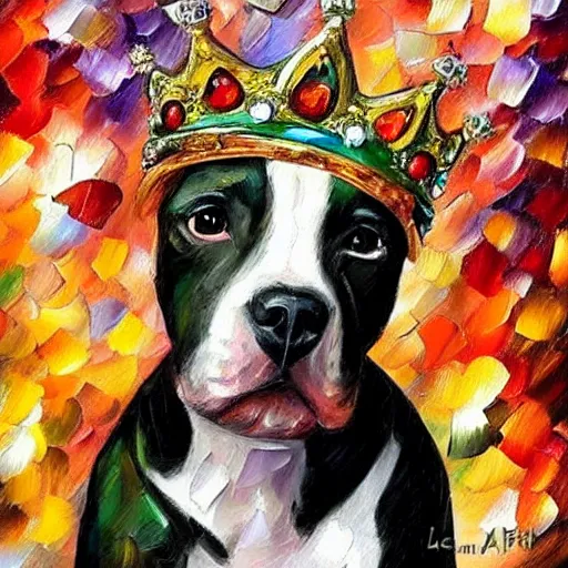 Prompt: painting of a mini pitbull wearing a crown and jewelry by Leonid Afremov