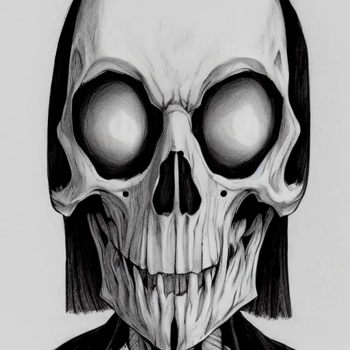 Image similar to A anime still of a grim reaper by Takeshi Obata, skeleton face symmetrical face,pencil art on paper