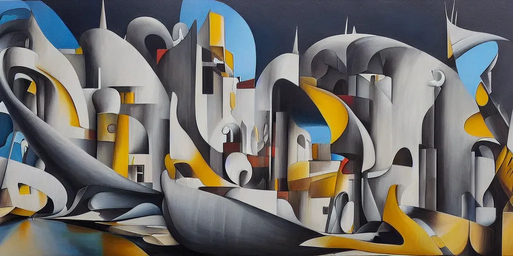 Prompt: a painting of abstract buildings like santorini by zaha hadid and yves tanguy and aaron horkey