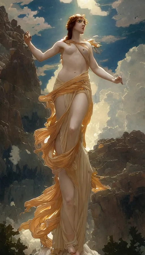 Image similar to goddess helios descending from olympus, artstation, concept art, smooth, sharp focus, illustration, art by artgerm and greg rutkowski and alphonse mucha and william adolphe bouguereau and john william waterhouse