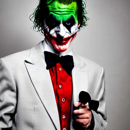 Image similar to the joker from the dark knight posing for senior prom photos, wearing black suit with red tie | digital photograph