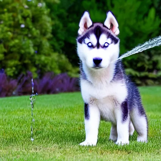 Image similar to a husky puppy playing in the sprinkler on the lawn