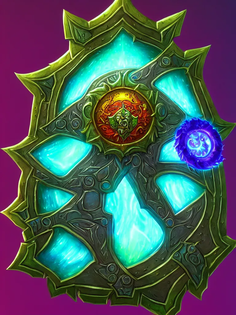 Image similar to bright shield of warcraft blizzard shield art, a spiral colorful gems shield. bright art masterpiece artstation. tree and roots shield, 8 k, sharp high quality illustration in style of jose daniel cabrera pena and leonid kozienko, green colored theme, concept art by tooth wu, card frame