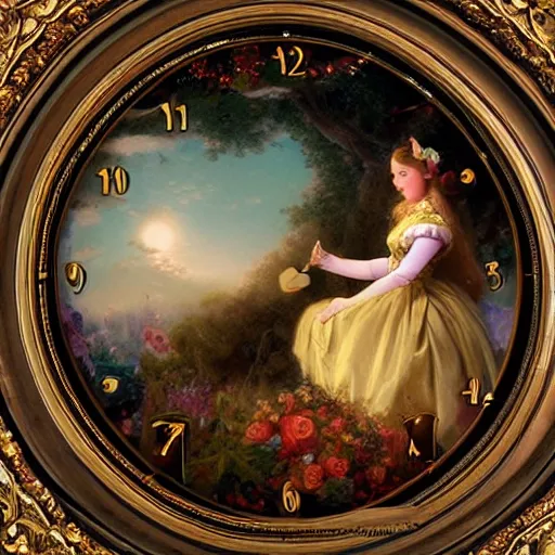 Image similar to Alice in Wonderland,Clock,Rose twining,out of time and space,dreamy, eternity, romantic,highly detailed,in the style of Franz Xaver Winterhalter, night lighting