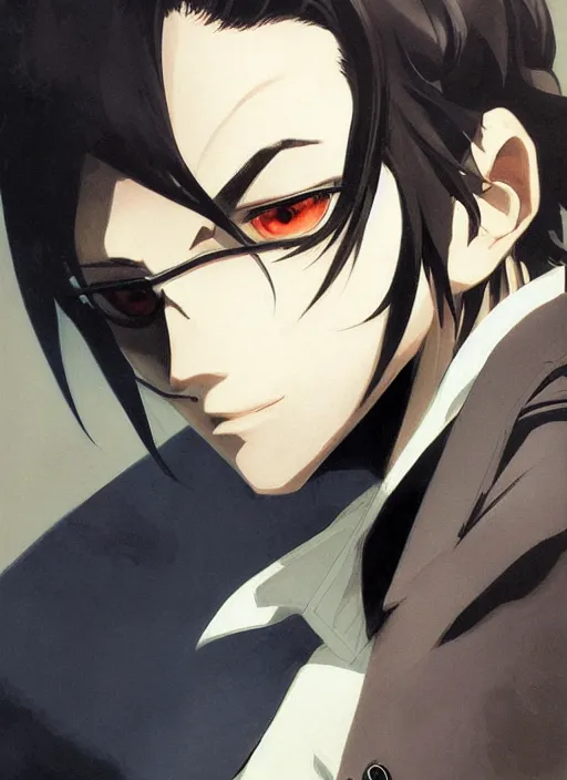 Image similar to portrait illustration by shigenori soejima, handsome male vampire, focus on face, pretty, cinematic lighting, painterly, long black hair, dark blue shirt and light brown trenchcoat