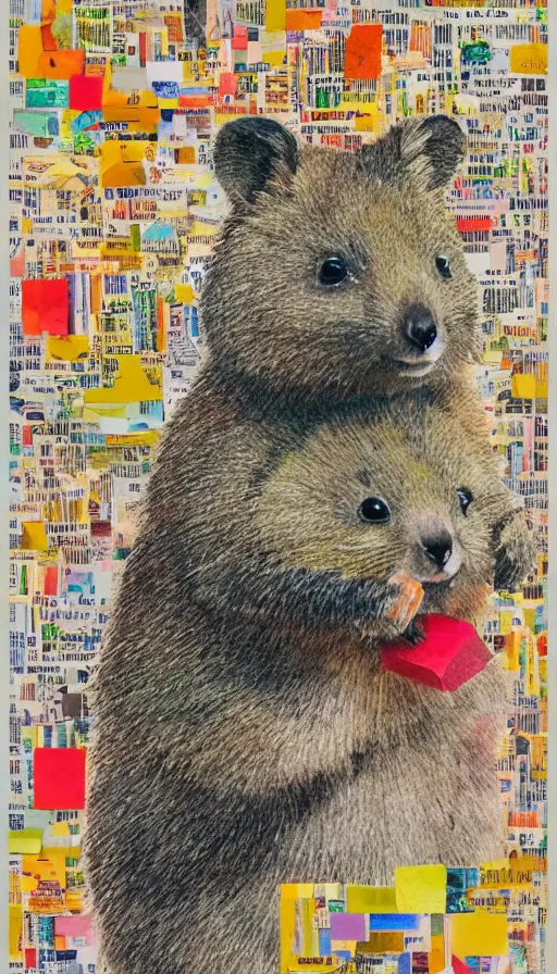 Image similar to detailed illustration, a portrait of a happy quokka on rotttnest island constructed from colored paper, collage, may gibbs, layered composition, layers, texture, textured, layered, sculpted, dynamic, 🦋, 🌱,