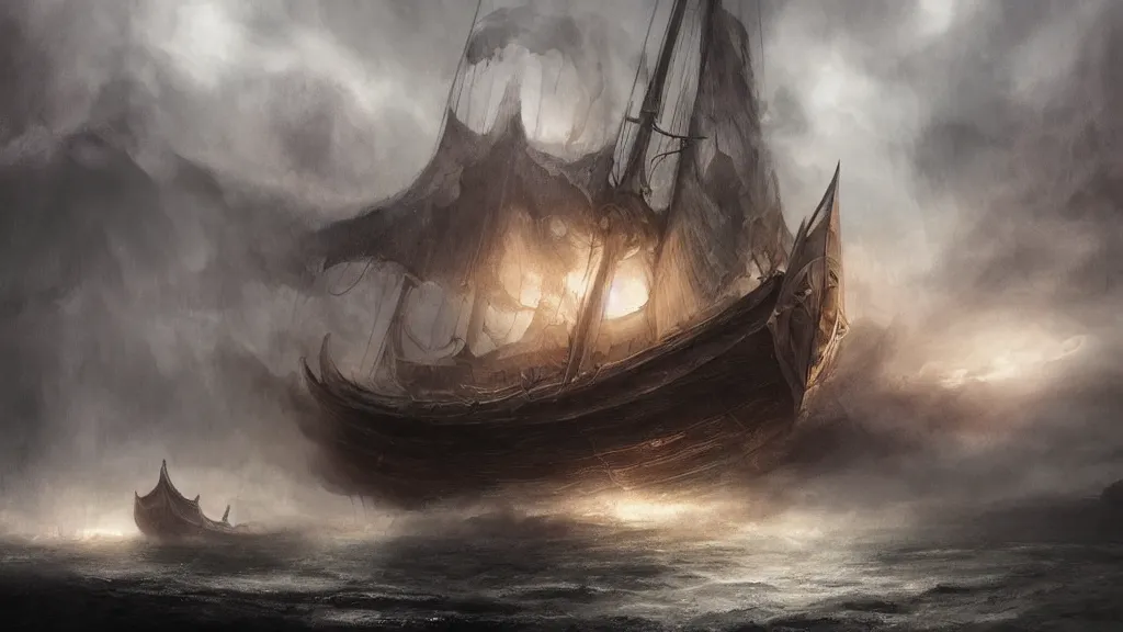 Prompt: viking ship arriving at mysterious place, night time, thunderstorm, heavy rain, amazing, tension, intricate, highly detailed, digital painting, artstation, concept art, motion blur, mist, volumetric lighting, sharp focus, illustration, art by ross tran