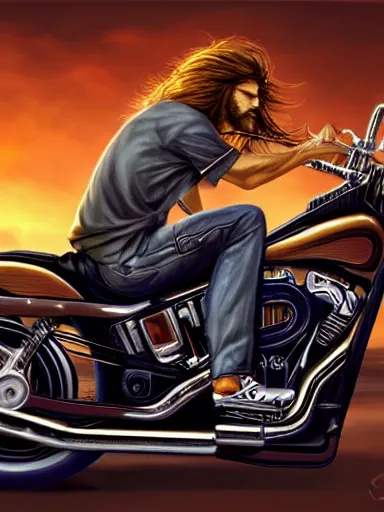 Image similar to handsome man with long hair riding a harley davidson. intricate, elegant, highly detailed, digital painting, artstation, concept art, sharp focus, illustration, by justin gerard and artgerm, 8 k