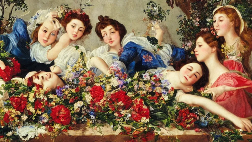 Image similar to A young guy's head is lying in a beautiful bouquet of flowers on a table, and his sisters are looking on, ancient fairy tale style