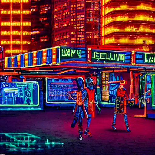 Image similar to ndebele cyberpunk city of the future, bustling street scene, ndebele neon lights, ndebele fashion, high definition, detailed, futuristic, night scene, realistic