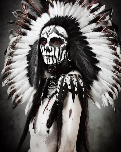 Image similar to lady native sisters ghost - spirit of the grim - warpaint wears the scarlet skull armor and native blood headdress feathers, midnight fog - mist!, cinematic lighting, various refining methods, micro macro autofocus, ultra definition, award winning photo, photograph by ghostwave - gammell - giger - shadowlord