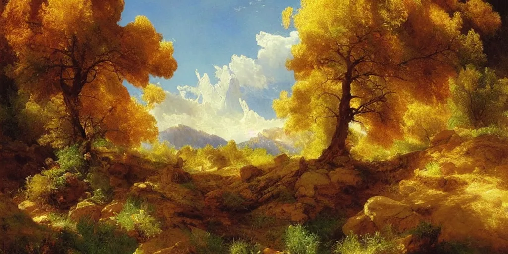 Image similar to lone oak tree growing in grand cayon, thomas moran, oil painting, beautiful composition, masterpiece