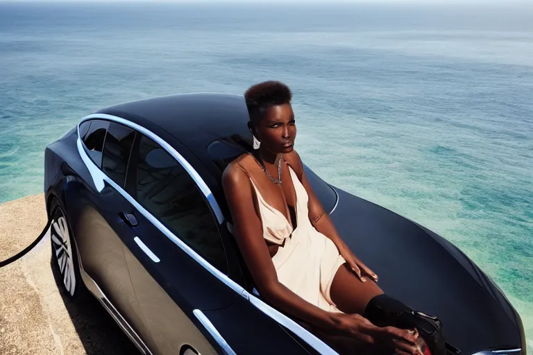 Image similar to photo of a gorgeous black model sitting on a Tesla on a cliff on the ocean By Emmanuel Lubezki