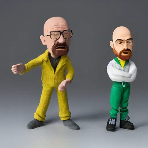 Image similar to two claymation figures of walter white and jesse pinkman, studio lighting