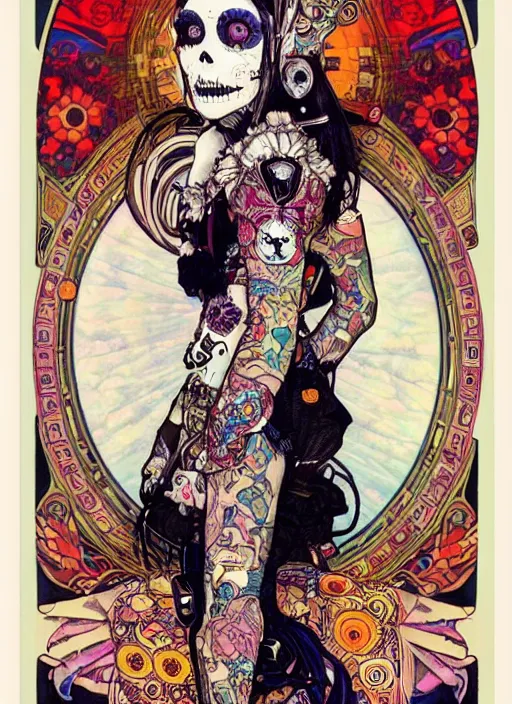 Image similar to cute punk goth fashion fractal Día de los Muertos tattooed girl posing in a astronaut suit, psychedelic poster art of by Victor Moscoso Rick Griffin Alphonse Mucha Gustav Klimt Ayami Kojima Amano Charlie Bowater, masterpiece