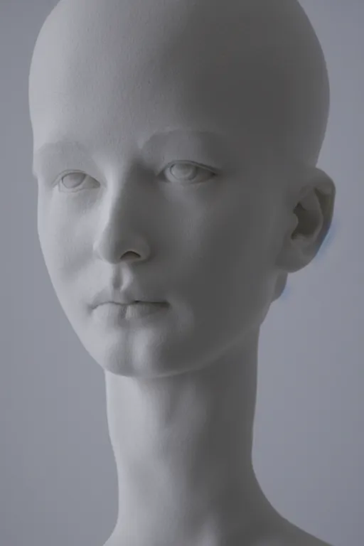 Image similar to full head and shoulders, beautiful female porcelain sculpture by daniel arsham and raoul marks, smooth, all white features on a white background, hair built like an apartment tower, delicate facial features, white eyes, white lashes, detailed white,