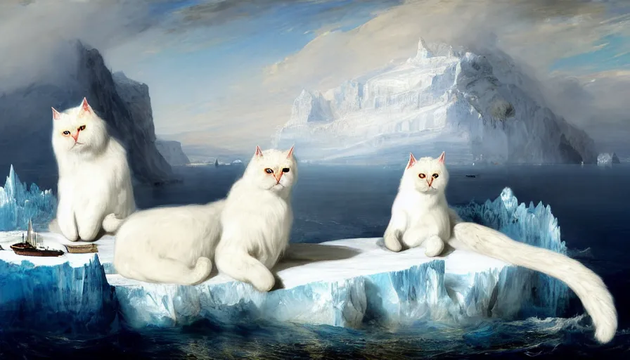 Image similar to highly detailed painting of white giant griffon cat seals on a blue and white iceberg by william turner, by greg rutkowski, by william constable, thick brush strokes and visible paint layers, 4 k resolution