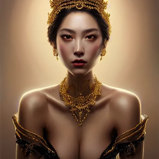 Prompt: expressive oil painting, of alluring european princess, seductive look, smooth glowing skin, glistening body, love, adoration, ornate headpiece made of black beads, glamour shot, upper body, by yoshitaka amano, by greg rutkowski, by jeremyg lipkinng, by artgerm, digital art, octane render, white dress